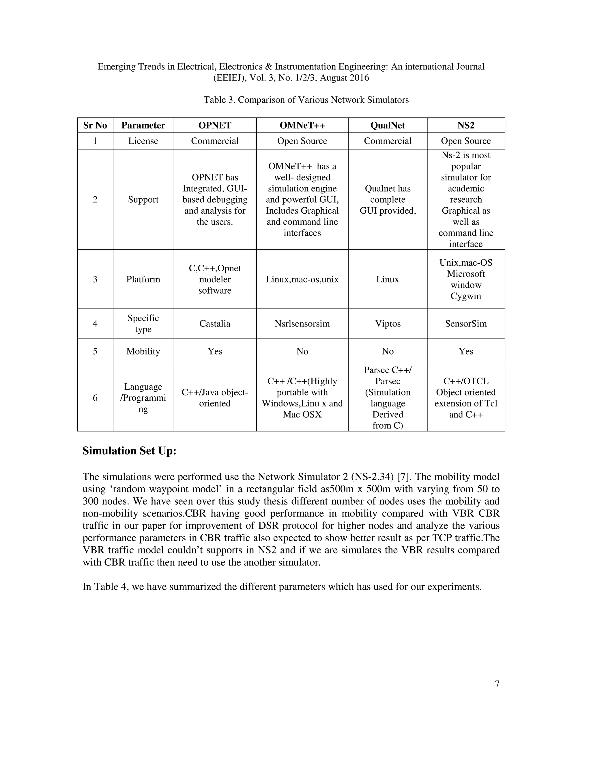 Emerging Trends in Electrical, Electronics & Instrumentation Engineering: An international Journal
(EEIEJ), Vol. 3, No. 1/2/3, August 2016
7
Table 3. Comparison of Various Network Simulators
Sr No Parameter OPNET OMNeT++ QualNet NS2
1 License Commercial Open Source Commercial Open Source
2 Support
OPNET has
Integrated, GUI-
based debugging
and analysis for
the users.
OMNeT++ has a
well- designed
simulation engine
and powerful GUI,
Includes Graphical
and command line
interfaces
Qualnet has
complete
GUI provided,
Ns-2 is most
popular
simulator for
academic
research
Graphical as
well as
command line
interface
3 Platform
C,C++,Opnet
modeler
software
Linux,mac-os,unix Linux
Unix,mac-OS
Microsoft
window
Cygwin
4
Specific
type
Castalia Nsrlsensorsim Viptos SensorSim
5 Mobility Yes No No Yes
6
Language
/Programmi
ng
C++/Java object-
oriented
C++ /C++(Highly
portable with
Windows,Linu x and
Mac OSX
Parsec C++/
Parsec
(Simulation
language
Derived
from C)
C++/OTCL
Object oriented
extension of Tcl
and C++
Simulation Set Up:
The simulations were performed use the Network Simulator 2 (NS-2.34) [7]. The mobility model
using ‘random waypoint model’ in a rectangular field as500m x 500m with varying from 50 to
300 nodes. We have seen over this study thesis different number of nodes uses the mobility and
non-mobility scenarios.CBR having good performance in mobility compared with VBR CBR
traffic in our paper for improvement of DSR protocol for higher nodes and analyze the various
performance parameters in CBR traffic also expected to show better result as per TCP traffic.The
VBR traffic model couldn’t supports in NS2 and if we are simulates the VBR results compared
with CBR traffic then need to use the another simulator.
In Table 4, we have summarized the different parameters which has used for our experiments.
 