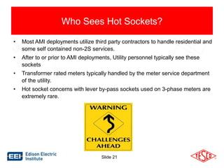 • Most AMI deployments utilize third party contractors to handle residential and 
some self contained non-2S services. 
• After to or prior to AMI deployments, Utility personnel typically see these 
Slide 21 
sockets 
• Transformer rated meters typically handled by the meter service department 
of the utility. 
• Hot socket concerns with lever by-pass sockets used on 3-phase meters are 
extremely rare. 
Who Sees Hot Sockets? 
 