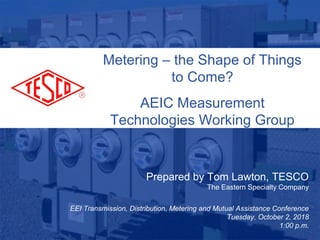 Slide 110/02/2012 Slide 1
Metering – the Shape of Things
to Come?
AEIC Measurement
Technologies Working Group
Prepared by Tom Lawton, TESCO
The Eastern Specialty Company
EEI Transmission, Distribution, Metering and Mutual Assistance Conference
Tuesday, October 2, 2018
1:00 p.m.
 
