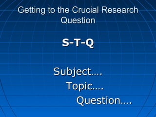 Getting to the Crucial ResearchGetting to the Crucial Research
QuestionQuestion
S-T-QS-T-Q
Subject….Subject….
Topic….Topic….
Question….Question….
 