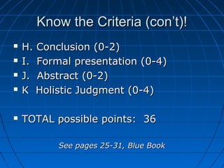 Know the Criteria (con’t)!Know the Criteria (con’t)!
 H. Conclusion (0-2)H. Conclusion (0-2)
 I. Formal presentation (0-4)I. Formal presentation (0-4)
 J. Abstract (0-2)J. Abstract (0-2)
 K Holistic Judgment (0-4)K Holistic Judgment (0-4)
 TOTAL possible points: 36TOTAL possible points: 36
See pages 25-31, Blue BookSee pages 25-31, Blue Book
 