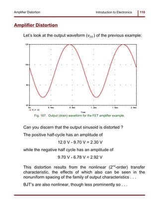 Introduction to Electronics 110Amplifier Distortion
Fig. 167. Output (drain) waveform for the FET amplifier example.
Amplifier Distortion
Let’s look at the output waveform (vDS ) of the previous example:
Can you discern that the output sinusoid is distorted ?
The positive half-cycle has an amplitude of
12.0 V - 9.70 V = 2.30 V
while the negative half cycle has an amplitude of
9.70 V - 6.78 V = 2.92 V
This distortion results from the nonlinear (2nd
-order) transfer
characteristic, the effects of which also can be seen in the
nonuniform spacing of the family of output characteristics . . .
BJT’s are also nonlinear, though less prominently so . . .
 