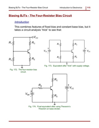 Introduction to Electronics 115Biasing BJTs - The Four-Resistor Bias Circuit
R1
R2
RC
RE
VCC
Fig. 172. The four-resistor bias
circuit.
R1
R2
RC
RE
VCCVCC
+ +
- -
Fig. 173. Equivalent after “trick” with supply voltage.
RB
RC
RE
VCC
VBB
+
+
-
-
Fig. 174. Final equivalent after using Thevenin’s
Theorem on base divider.
Biasing BJTs - The Four-Resistor Bias Circuit
Introduction
This combines features of fixed bias and constant base bias, but it
takes a circuit-analysis “trick” to see that:
 