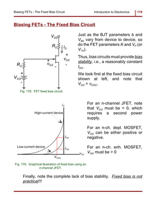 Introduction to Electronics 119Biasing FETs - The Fixed Bias Circuit
VDD
VGG
RD
RG
iD
vDS
vGS
+
+
- -
+
-
Fig. 178. FET fixed bias circuit.
.iD
vGS
VGSQ
IDQ
IDQ
High-current device
Low-current device
Fig. 179. Graphical illustration of fixed bias using an
n-channel JFET.
Biasing FETs - The Fixed Bias Circuit
Just as the BJT parameters b and
VBE vary from device to device, so
do the FET parameters K and VP (or
VTH).
Thus, bias circuits must provide bias
stability, i.e., a reasonably constant
IDQ .
We look first at the fixed bias circuit
shown at left, and note that
VGG = vGSQ .
For an n-channel JFET, note
that VGG must be < 0, which
requires a second power
supply.
For an n-ch. depl. MOSFET,
VGG can be either positive or
negative.
For an n-ch. enh. MOSFET,
VGG must be > 0
Finally, note the complete lack of bias stability. Fixed bias is not
practical!!!
 