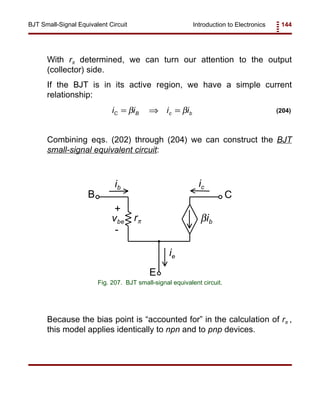 Introduction to Electronics 144BJT Small-Signal Equivalent Circuit
ic
ie
ib
B C
E
rπ βibvbe
+
-
Fig. 207. BJT small-signal equivalent circuit.
i i i iC B c b= ⇒ =β β (204)
With rπ determined, we can turn our attention to the output
(collector) side.
If the BJT is in its active region, we have a simple current
relationship:
Combining eqs. (202) through (204) we can construct the BJT
small-signal equivalent circuit:
Because the bias point is “accounted for” in the calculation of rπ ,
this model applies identically to npn and to pnp devices.
 
