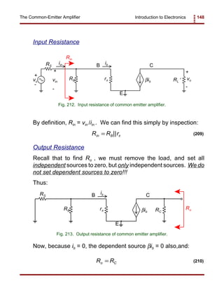 Introduction to Electronics 148The Common-Emitter Amplifier
vs
RS
RB rπ RLβib
vo
+
+
- -
B
E
Cib
vin
+
-
iin
Rin
Fig. 212. Input resistance of common emitter amplifier.
RS
RB rπ RCβib
B
E
Cib
Ro
Fig. 213. Output resistance of common emitter amplifier.
R R rin B= || π (209)
R Ro C= (210)
Input Resistance
By definition, Rin = vin /iin . We can find this simply by inspection:
Output Resistance
Recall that to find Ro , we must remove the load, and set all
independent sources to zero, but only independent sources. We do
not set dependent sources to zero!!!
Thus:
Now, because ib = 0, the dependent source βib = 0 also,and:
 