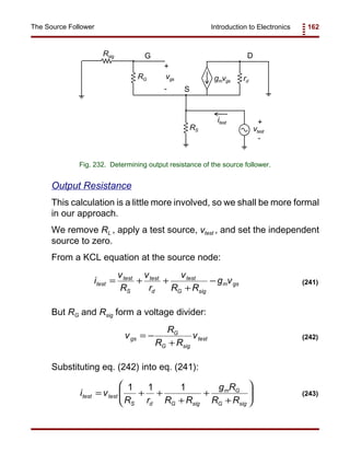 Introduction to Electronics 162The Source Follower
vtest
Rsig
rd
RG
RS
gmvgs
+
-
G
S
D
itest
vgs
+
-
Fig. 232. Determining output resistance of the source follower.
i
v
R
v
r
v
R R
g vtest
test
S
test
d
test
G sig
m gs= + +
+
− (241)
v
R
R R
vgs
G
G sig
test= −
+
(242)
i v
R r R R
g R
R R
test test
S d G sig
m G
G sig
= + +
+
+
+






1 1 1
(243)
Output Resistance
This calculation is a little more involved, so we shall be more formal
in our approach.
We remove RL , apply a test source, vtest , and set the independent
source to zero.
From a KCL equation at the source node:
But RG and Rsig form a voltage divider:
Substituting eq. (242) into eq. (241):
 