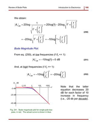 Introduction to Electronics 168Review of Bode Plots
( )A
f
f
f
f
f
f
f
f
v dB
b
b
b b
=
+






= − +






= − +





 = − +














20
1
1
20 1 20 1
20 1 10 1
2
2
2
2
2
2 2
log log log
log log
(250)
( )Av dB
= − =10 1 0log dB (251)
A
f
f
f
f
v dB
b b
= −





 = −





10 20
2
log log (252)
fb /10 fb 10fb 100fb
-3 dB
-40 dB
-20 dB
Av , dB
f
Fig. 241. Bode magnitude plot for single-pole low-
pass, in red. The actual curve is shown in blue.
We obtain:
Bode Magnitude Plot:
From eq. (250), at low frequencies (f /fb << 1):
And, at high frequencies (f /fb >> 1):
Note that the latter
equation decreases 20
dB for each factor of 10
increase in frequency
(i.e., -20 db per decade).
 