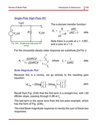 Introduction to Electronics 170Review of Bode Plots
Vo(s)R
+
1/sC
Vin(s)
+
-
Fig. 244. Single-pole high-pass RC
circuit.
A
R
sC
R
sRC
sRC
v =
+
=
+1 1 (255)
( )
( )
A
j RC f
j RC f
j
f
f
j
f
f
f
RC
v
b
b
b=
+
=
+
=
2
1 2 1
1
2
π
π π
where (256)
A
f
f
f
f
v dB
b b
=





 − +





20 20 1
2
log log (257)
Single-Pole High-Pass RC
The s-domain transfer function:
Note there is a pole at s = -1/RC,
and a zero at s = 0.
For the sinusoidal steady state response we substitute j2πf for s:
Bode Magnitude Plot:
Because this is a review, we go directly to the resulting gain
equation:
Recall from Fig. (234) that the first term is a straight line, with +20
dB/dec slope, passing through 0 dB at fb .
The last term is the same term from the low pass example, which
has the form of Fig. (236).
The total Bode magnitude response is merely the sum of these two
responses.
 