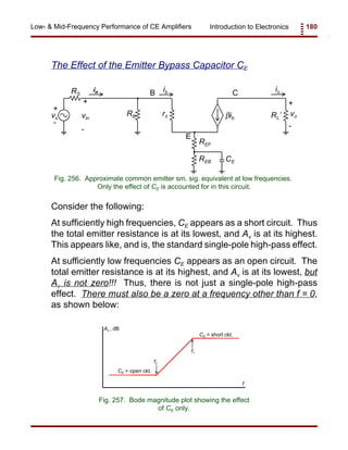 Introduction to Electronics 180Low- & Mid-Frequency Performance of CE Amplifiers
vs
RS
RB rπ RL’βib
vo
+
+
- -
B
E
Cib
vin
+
-
io
REF
CEREB
Fig. 256. Approximate common emitter sm. sig. equivalent at low frequencies.
Only the effect of CE is accounted for in this circuit.
Av , dB
f1
CE = short ckt.
CE = open ckt.
f
f2
Fig. 257. Bode magnitude plot showing the effect
of CE only.
The Effect of the Emitter Bypass Capacitor CE
Consider the following:
At sufficiently high frequencies, CE appears as a short circuit. Thus
the total emitter resistance is at its lowest, and Av is at its highest.
This appears like, and is, the standard single-pole high-pass effect.
At sufficiently low frequencies CE appears as an open circuit. The
total emitter resistance is at its highest, and Av is at its lowest, but
Av is not zero!!! Thus, there is not just a single-pole high-pass
effect. There must also be a zero at a frequency other than f = 0,
as shown below:
 