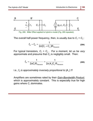 Introduction to Electronics 188The Hybrid-π BJT Model
rπ
+
-
vπ gmvπ roCπ
B C
EE
B’
C2C1
Fig. 268. Miller Effect applied to hybrid-π model (Fig. 265 repeated).
( )
f f
C C R
H h
Thevenin
≈ =
+
1
1
1
2π π
(284)
f
C R A C R
H
Thevenin v Thevenin
≈ ≈
1
2
1
21π π µ
(285)
The overall half-power frequency, then, is usually due to C1 + Cπ :
For typical transistors, C1 > Cπ . For a moment, let us be very
approximate and presume that Cπ is negligibly small. Then:
i.e., fH is approximately inversely proportional to |Av | !!!
Amplifiers are sometimes rated by their Gain-Bandwidth Product,
which is approximately constant. This is especially true for high
gains where C1 dominates.
 