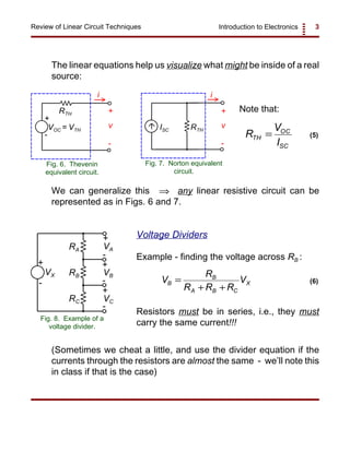 Introduction to Electronics 3Review of Linear Circuit Techniques
+
-
VOC = VTH
RTH +
-
v
i
Fig. 6. Thevenin
equivalent circuit.
ISC RTH
+
-
v
i
Fig. 7. Norton equivalent
circuit.
+
-
+
+
+
-
-
-
VX
VA
VB
VC
RA
RB
RC
Fig. 8. Example of a
voltage divider.
R
V
I
TH
OC
SC
= (5)
V
R
R R R
VB
B
A B C
X=
+ +
(6)
The linear equations help us visualize what might be inside of a real
source:
Note that:
We can generalize this any linear resistive circuit can be⇒
represented as in Figs. 6 and 7.
Voltage Dividers
Example - finding the voltage across RB :
Resistors must be in series, i.e., they must
carry the same current!!!
(Sometimes we cheat a little, and use the divider equation if the
currents through the resistors are almost the same - we’ll note this
in class if that is the case)
 