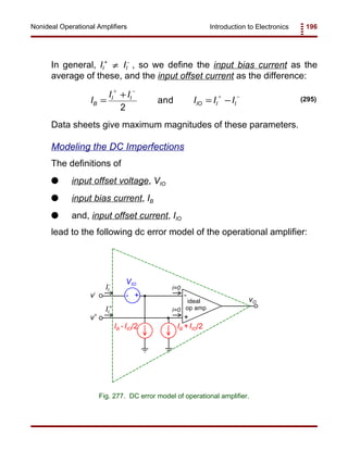 Introduction to Electronics 196Nonideal Operational Amplifiers
+
-v-
v+
+-
VIO
ideal
op amp
IB - IIO/2 IB + IIO/2
i=0
i=0
II
-
II
+
vO
Fig. 277. DC error model of operational amplifier.
I
I I
I I IB
I I
IO I I=
+
= −
+ −
+ −
2
and (295)
In general, II
+
II
-
, so we define the input bias current as the≠
average of these, and the input offset current as the difference:
Data sheets give maximum magnitudes of these parameters.
Modeling the DC Imperfections
The definitions of
G input offset voltage, VIO
G input bias current, IB
G and, input offset current, IIO
lead to the following dc error model of the operational amplifier:
 