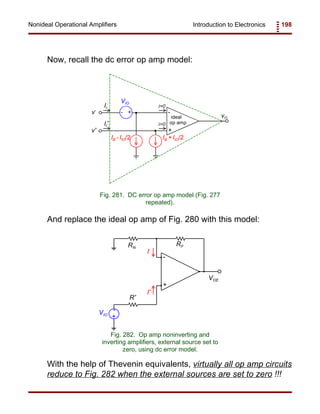 Introduction to Electronics 198Nonideal Operational Amplifiers
+
-
VOE
RF
R+
+
-VIO
I+
I-
RN
Fig. 282. Op amp noninverting and
inverting amplifiers, external source set to
zero, using dc error model.
+
-v-
v+
+-
VIO
ideal
op amp
IB - IIO/2 IB + IIO/2
i=0
i=0
II
-
II
+
vO
Fig. 281. DC error op amp model (Fig. 277
repeated).
Now, recall the dc error op amp model:
And replace the ideal op amp of Fig. 280 with this model:
With the help of Thevenin equivalents, virtually all op amp circuits
reduce to Fig. 282 when the external sources are set to zero !!!
 