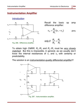 Introduction to Electronics 204Instrumentation Amplifier
R2
R3
R1
R4
v2
v1
vO
+
-
vID
+
-
Fig. 286. Difference amplifier.
( )v
R
R
v vO = −2
1
1 2 (311)
R
R
R
R
v2
v1
vO
+
-
R2
R2
R1
R1
+
+
-
-
+
-
vID
+
-
vY
+
-
vID
Fig. 287. Instrumentation amplifier.
Instrumentation Amplifier
Introduction
Recall the basic op amp
difference amplifier:
only if:
R
R
R
R
4
3
2
1
=
To obtain high CMRR, R4 /R3 and R2 /R1 must be very closely
matched. But this is impossible, in general, as we usually don’t
know the internal resistances of v1 and v2 with certainty or
predictability.
The solution is an instrumentation-quality differential amplifier!!!
 