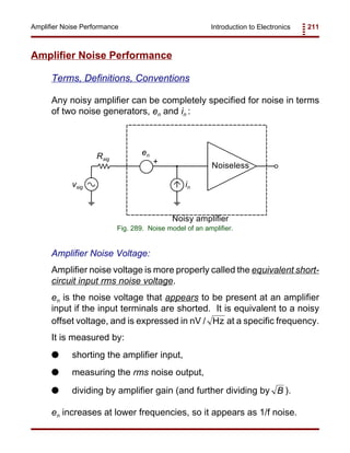 Introduction to Electronics 211Amplifier Noise Performance
Noiseless
en
invsig
Rsig
+
Noisy amplifier
Fig. 289. Noise model of an amplifier.
Amplifier Noise Performance
Terms, Definitions, Conventions
Any noisy amplifier can be completely specified for noise in terms
of two noise generators, en and in :
Amplifier Noise Voltage:
Amplifier noise voltage is more properly called the equivalent short-
circuit input rms noise voltage.
en is the noise voltage that appears to be present at an amplifier
input if the input terminals are shorted. It is equivalent to a noisy
offset voltage, and is expressed in nV / at a specific frequency.Hz
It is measured by:
G shorting the amplifier input,
G measuring the rms noise output,
G dividing by amplifier gain (and further dividing by ).B
en increases at lower frequencies, so it appears as 1/f noise.
 