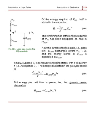 Introduction to Electronics 225Introduction to Logic Gates
VDC
VO
RHIGH
RLOW
CLOAD
S
Fig. 304. Logic gate model (Fig.
303 repeated).
E C VC LOAD DC=
1
2
2
(336)
C V
T
C V fLOAD DC
LOAD DC
2
2
= (337)
P C V fdynamic LOAD DC=
2
(338)
Of the energy required of VDC , half is
stored in the capacitor:
The remaining half of the energy required
of VDC has been dissipated as heat in
RHIGH .
Now the switch changes state, i.e., goes
low. CLOAD discharges toward VOL ( 0),≈
and the energy stored in CLOAD is
dissipated in RLOW.
Finally, suppose VO is continually changing states, with a frequency
f (i.e., with period T). The energy dissipated in the gate per period
is:
But energy per unit time is power, i.e., the dynamic power
dissipation:
 