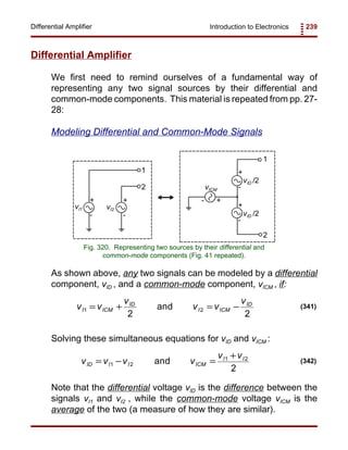 Introduction to Electronics 239Differential Amplifier
+
-
+
-
+
-
+
-
vI1 vI2
vICM
vID /2
vID /2
1
1
2
2
+-
Fig. 320. Representing two sources by their differential and
common-mode components (Fig. 41 repeated).
v v
v
v v
v
I ICM
ID
I ICM
ID
1 2
2 2
= + = −and (341)
v v v v
v v
ID I I ICM
I I
= − =
+
1 2
1 2
2
and (342)
Differential Amplifier
We first need to remind ourselves of a fundamental way of
representing any two signal sources by their differential and
common-mode components. This material is repeated from pp. 27-
28:
Modeling Differential and Common-Mode Signals
As shown above, any two signals can be modeled by a differential
component, vID , and a common-mode component, vICM , if:
Solving these simultaneous equations for vID and vICM :
Note that the differential voltage vID is the difference between the
signals vI1 and vI2 , while the common-mode voltage vICM is the
average of the two (a measure of how they are similar).
 