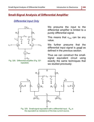Introduction to Electronics 246Small-Signal Analysis of Differential Amplifier
RC RC
IBIAS
VCC
-VEE
vI1 vI2
vOD
vO1 vO2
Q1 Q2
iC1 iC2
+
+
+
-
- -
Fig. 328. Differential amplifier (Fig. 321
repeated).
RC RC
βib2βib1
rπrπ
ib2ib1
REB
(β+1)ib2(β+1)ib1
vid /2 vid /2
vod
vo1 vo2
+
+
+
+ +
-
-
--
-
vX
Fig. 329. Small-signal equivalent with a differential input. REB is
the equivalent ac resistance of the bias current source.
Small-Signal Analysis of Differential Amplifier
Differential Input Only
We presume the input to the
differential amplifier is limited to a
purely differential signal.
This means that vICM can be any
value.
We further presume that the
differential input signal is small as
defined in the previous section.
Thus we can construct the small-
signal equivalent circuit using
exactly the same techniques that
we studied previously:
 