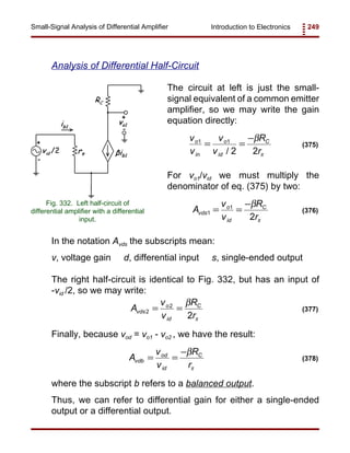 Introduction to Electronics 249Small-Signal Analysis of Differential Amplifier
Fig. 332. Left half-circuit of
differential amplifier with a differential
input.
v
v
v
v
R
r
o
in
o
id
C1 1
2 2
= =
−
/
β
π
(375)
A
v
v
R
r
vds
o
id
C
1
1
2
= =
−β
π
(376)
A
v
v
R
r
vds
o
id
C
2
2
2
= =
β
π
(377)
A
v
v
R
r
vdb
od
id
C
= =
−β
π
(378)
Analysis of Differential Half-Circuit
The circuit at left is just the small-
signal equivalent of a common emitter
amplifier, so we may write the gain
equation directly:
For vo1/vid we must multiply the
denominator of eq. (375) by two:
In the notation Avds the subscripts mean:
v, voltage gain d, differential input s, single-ended output
The right half-circuit is identical to Fig. 332, but has an input of
-vid /2, so we may write:
Finally, because vod = vo1 - vo2 , we have the result:
where the subscript b refers to a balanced output.
Thus, we can refer to differential gain for either a single-ended
output or a differential output.
 