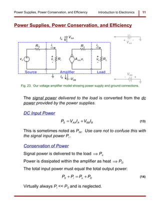 Introduction to Electronics 11Power Supplies, Power Conservation, and Efficiency
+ +
- -
vs vi Avocvi vo
+ +
- -
RS
RLRi
Ro
ii io
Source Amplifier Load
VAA
-VBB
IA
IB
VAA
VBB
+
+
-
-
Fig. 23. Our voltage amplifier model showing power supply and ground connections.
P V I V IS AA A BB B= + (13)
P P P PS i o D+ = + (14)
Power Supplies, Power Conservation, and Efficiency
The signal power delivered to the load is converted from the dc
power provided by the power supplies.
DC Input Power
This is sometimes noted as PIN. Use care not to confuse this with
the signal input power Pi .
Conservation of Power
Signal power is delivered to the load Po⇒
Power is dissipated within the amplifier as heat PD⇒
The total input power must equal the total output power:
Virtually always Pi << PS and is neglected.
 