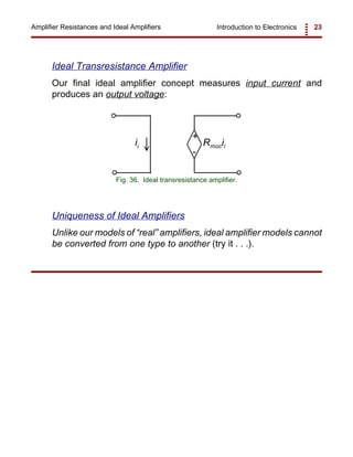 Introduction to Electronics 23Amplifier Resistances and Ideal Amplifiers
Rmociiii
+
-
Fig. 36. Ideal transresistance amplifier.
Ideal Transresistance Amplifier
Our final ideal amplifier concept measures input current and
produces an output voltage:
Uniqueness of Ideal Amplifiers
Unlike our models of “real” amplifiers, ideal amplifier models cannot
be converted from one type to another (try it . . .).
 