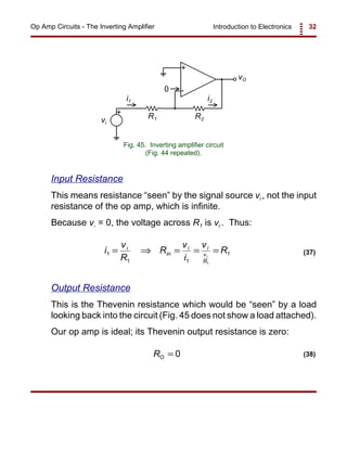 Introduction to Electronics 32Op Amp Circuits - The Inverting Amplifier
+
-
+
vO
vi
R1 R2
i1 i2
0
Fig. 45. Inverting amplifier circuit
(Fig. 44 repeated).
i
v
R
R
v
i
v
Ri
in
i i
v
R
i
1
1 1
1
1
= ⇒ = = = (37)
RO = 0 (38)
Input Resistance
This means resistance “seen” by the signal source vi , not the input
resistance of the op amp, which is infinite.
Because v- = 0, the voltage across R1 is vi . Thus:
Output Resistance
This is the Thevenin resistance which would be “seen” by a load
looking back into the circuit (Fig. 45 does not show a load attached).
Our op amp is ideal; its Thevenin output resistance is zero:
 