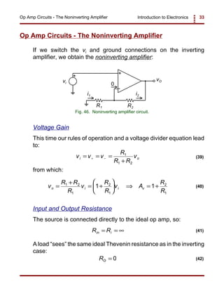 Introduction to Electronics 33Op Amp Circuits - The Noninverting Amplifier
+
-
+
vOvi
R1 R2
i1 i2
0
Fig. 46. Noninverting amplifier circuit.
v v v
R
R R
vi o= = =
+
+ −
1
1 2
(39)
v
R R
R
v
R
R
v A
R
R
o i i v=
+
= +





 ⇒ = +1 2
1
2
1
2
1
1 1 (40)
R Rin i= = ∞ (41)
RO = 0 (42)
Op Amp Circuits - The Noninverting Amplifier
If we switch the vi and ground connections on the inverting
amplifier, we obtain the noninverting amplifier:
Voltage Gain
This time our rules of operation and a voltage divider equation lead
to:
from which:
Input and Output Resistance
The source is connected directly to the ideal op amp, so:
A load “sees” the same ideal Thevenin resistance as in the inverting
case:
 