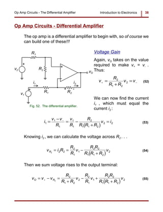Introduction to Electronics 38Op Amp Circuits - The Differential Amplifier
+
-
+
vO
v1
R1 R2
i1 i2
+
R1
R2v2
+ -
Fig. 52. The differential amplifier.
v
R
R R
v v+ −=
+
=2
1 2
2 (52)
( )
i
v v
R
v
R
R
R R R
v i1
1
1
1
1
2
1 1 2
2 2=
−
= −
+
=−
(53)
( )
v i R
R
R
v
R R
R R R
vR2 2 2
2
1
1
2 2
1 1 2
2= = −
+
(54)
( )
v v v
R
R R
v
R
R
v
R R
R R R
vO R= − =
+
− +
++ 2
2
1 2
2
2
1
1
2 2
1 1 2
2 (55)
Op Amp Circuits - Differential Amplifier
The op amp is a differential amplifier to begin with, so of course we
can build one of these!!!
Voltage Gain
Again, vO takes on the value
required to make v+ = v- .
Thus:
We can now find the current
i1 , which must equal the
current i2 :
Knowing i2 , we can calculate the voltage across R2 . . .
Then we sum voltage rises to the output terminal:
 