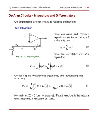 Introduction to Electronics 40Op Amp Circuits - Integrators and Differentiators
+
-
vO
vi
R C
iR iC
+
+ -
Fig. 53. Op amp integrator.
i
v
R
iR
i
C= = (59)
( )v
C
i dt
C
i dt vC C
t
C C
t
= = +
−∞
∫ ∫
1 1
0
0
(60)
( ) ( )v
C
v
R
dt v
RC
v dt vO
i
t
C i C
t
= − + = − +∫ ∫
1
0
1
0
0 0
(61)
Op Amp Circuits - Integrators and Differentiators
Op amp circuits are not limited to resistive elements!!!
The Integrator
From our rules and previous
experience we know that v- = 0
and iR = iC , so . . .
From the i-v relationship of a
capacitor:
Combining the two previous equations, and recognizing that
vO = - vC :
Normally vC (0) = 0 (but not always). Thus the output is the integral
of vi , inverted, and scaled by 1/RC.
 