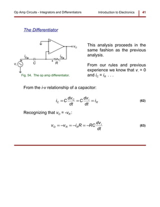 Introduction to Electronics 41Op Amp Circuits - Integrators and Differentiators
+
-
vO
vi
RC
iRiC
+
+ -
Fig. 54. The op amp differentiator.
i C
dv
dt
C
dv
dt
iC
C i
R= = = (62)
v v i R RC
dv
dt
O R R
i
= − = − = − (63)
The Differentiator
This analysis proceeds in the
same fashion as the previous
analysis.
From our rules and previous
experience we know that v- = 0
and iC = iR . . .
From the i-v relationship of a capacitor:
Recognizing that vO = -vR :
 