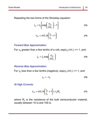 Introduction to Electronics 51Diode Models
i I
v
nV
D S
D
T
≈





exp (75)
i ID S≈ − (76)
v nV
i
I
i RD T
D
S
D S= +





 +ln 1 (77)
i I
v
nV
D S
D
T
=





 −





exp 1 (73)
v nV
i
I
D T
D
S
= +





ln 1 (74)
Repeating the two forms of the Shockley equation:
Forward Bias Approximation:
For vD greater than a few tenths of a volt, exp(vD /nVT ) >> 1, and:
Reverse Bias Approximation:
For vD less than a few tenths (negative), exp(vD /nVT ) << 1, and:
At High Currents:
where RS is the resistance of the bulk semiconductor material,
usually between 10 Ω and 100 Ω.
 