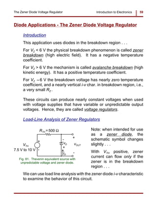 Introduction to Electronics 59The Zener Diode Voltage Regulator
+
+
+
-
-
-
VTH
RTH = 500 Ω
vD vOUT
iD
7.5 V to 10 V
Fig. 81. Thevenin equivalent source with
unpredictable voltage and zener diode.
Diode Applications - The Zener Diode Voltage Regulator
Introduction
This application uses diodes in the breakdown region . . .
For VZ < 6 V the physical breakdown phenomenon is called zener
breakdown (high electric field). It has a negative temperature
coefficient.
For VZ > 6 V the mechanism is called avalanche breakdown (high
kinetic energy). It has a positive temperature coefficient.
For VZ 6 V the breakdown voltage has nearly zero temperature≈
coefficient, and a nearly vertical i-v char. in breakdown region, i.e.,
a very small RZ .
These circuits can produce nearly constant voltages when used
with voltage supplies that have variable or unpredictable output
voltages. Hence, they are called voltage regulators.
Load-Line Analysis of Zener Regulators
Note: when intended for use
as a zener diode, the
schematic symbol changes
slightly . . .
With VTH positive, zener
current can flow only if the
zener is in the breakdown
region . . .
We can use load line analysis with the zener diode i-v characteristic
to examine the behavior of this circuit.
 