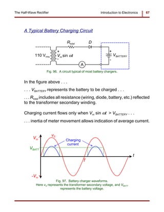 Introduction to Electronics 67The Half-Wave Rectifier
Rtotal D
VBATTERY
+
-
A
110 Vrms Vm sin ωt
+
-
Fig. 96. A circuit typical of most battery chargers.
t
Vm
-Vm
T
VBATT
Charging
current
vS
Fig. 97. Battery charger waveforms.
Here vS represents the transformer secondary voltage, and VBATT
represents the battery voltage.
A Typical Battery Charging Circuit
In the figure above . . .
. . . VBATTERY represents the battery to be charged . . .
. . . Rtotal includes all resistance (wiring, diode, battery, etc.) reflected
to the transformer secondary winding.
Charging current flows only when Vm sin ωt > VBATTERY . . .
. . . inertia of meter movement allows indication of average current.
 