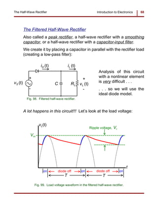 Introduction to Electronics 68The Half-Wave Rectifier
vS (t) C RL vL (t)
iD (t) iL (t)
++
--
Fig. 98. Filtered half-wave rectifier.
t
vL(t)
Vm
Ripple voltage, Vr
ondiode off
T T
onon diode off
Fig. 99. Load voltage waveform in the filtered half-wave rectifier.
The Filtered Half-Wave Rectifier
Also called a peak rectifier, a half-wave rectifier with a smoothing
capacitor, or a half-wave rectifier with a capacitor-input filter.
We create it by placing a capacitor in parallel with the rectifier load
(creating a low-pass filter):
Analysis of this circuit
with a nonlinear element
is very difficult . . .
. . . so we will use the
ideal diode model.
A lot happens in this circuit!!! Let’s look at the load voltage:
 