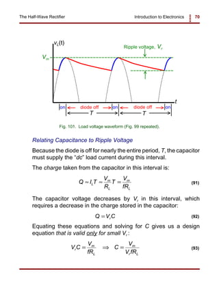 Introduction to Electronics 70The Half-Wave Rectifier
t
vL(t)
Vm
Ripple voltage, Vr
ondiode off
T T
onon diode off
Fig. 101. Load voltage waveform (Fig. 99 repeated).
Q I T
V
R
T
V
fR
L
m
L
m
L
≈ ≈ = (91)
Q V Cr= (92)
V C
V
fR
C
V
V fR
r
m
L
m
r L
= ⇒ = (93)
Relating Capacitance to Ripple Voltage
Because the diode is off for nearly the entire period, T, the capacitor
must supply the “dc” load current during this interval.
The charge taken from the capacitor in this interval is:
The capacitor voltage decreases by Vr in this interval, which
requires a decrease in the charge stored in the capacitor:
Equating these equations and solving for C gives us a design
equation that is valid only for small Vr :
 