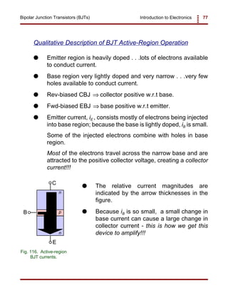 Introduction to Electronics 77Bipolar Junction Transistors (BJTs)
C
B
E
n
p
n
Fig. 116. Active-region
BJT currents.
Qualitative Description of BJT Active-Region Operation
G Emitter region is heavily doped . . .lots of electrons available
to conduct current.
G Base region very lightly doped and very narrow . . .very few
holes available to conduct current.
G Rev-biased CBJ collector positive w.r.t base.⇒
G Fwd-biased EBJ base positive w.r.t emitter.⇒
G Emitter current, iE , consists mostly of electrons being injected
into base region; because the base is lightly doped, iB is small.
Some of the injected electrons combine with holes in base
region.
Most of the electrons travel across the narrow base and are
attracted to the positive collector voltage, creating a collector
current!!!
G The relative current magnitudes are
indicated by the arrow thicknesses in the
figure.
G Because iB is so small, a small change in
base current can cause a large change in
collector current - this is how we get this
device to amplify!!!
 