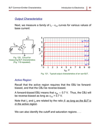Introduction to Electronics 81BJT Common-Emitter Characteristics
vBE
+
-
vCE
+
-
iB
iC
+
+ -
-
Fig. 120. Circuit for
measuring BJT characteristics
(Fig. 118 repeated).
Fig. 121. Typical output characteristics of an npn BJT.
Output Characteristics
Next, we measure a family of iC - vCE curves for various values of
base current:
Active Region:
Recall that the active region requires that the EBJ be forward-
biased, and that the CBJ be reverse-biased.
A forward-biased EBJ means that vBE 0.7 V. Thus, the CBJ will≈
be reverse-biased as long as vCE > 0.7 V.
Note that iC and iB are related by the ratio β, as long as the BJT is
in the active region.
We can also identify the cutoff and saturation regions . . .
 