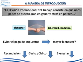 A MANERA DE INTRODUCCIÓN
Bienestar Libertad Económica
“La División Internacional del Trabajo consiste en que unos
países se especializan en ganar y otros en perder….”
Evitar el pago de impuestos mayor bienestar?
Recaudación Gasto público Bienestar
 