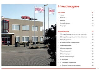 3
Inhoudsopgave
Over Eekels							4
•	 Historie							6
•	 Werkwijze							8
•	 Branches							10
•	 Service & transport						12
•	 Pompwijzer							16
Verhuurprogramma						18	
•	 1. Droogzelfaanzuigende pompen met dieselmotor		 20	
•	 2. Droogzelfaanzuigende pompen met elektromotor		 21
•	 3. Hogedrukpompen					22
•	 4. Zelfaanzuigende vuilwaterpompen			 23
•	 5. Membraanpompen					24
•	 6. Bronneringspompen					25
•	 7. Bouwklokpompen					26
•	 8. Rioolklokpompen						27
•	 9. Grote bemalingspompen					28
•	 10. Aggregaten						29
•	 11. Leidingwerk en toebehoren				 30
•	 12. Complete tijdelijke pompinstallaties			 32
	
RGK-EEKELS brochure 07-15.indd 3 04-08-15 15:01
 