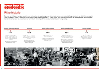 6
Rijke historie
Met meer dan 100 jaar ervaring en passie leveren we trefzekere pompoplossingen aan de overheid, aannemerij én industrie. De geschiedenis van Eekels Pompen start in
1914, wanneer A.F. Eekels in Weert (NL) zijn Technisch Bureau en Machinehandel A.F. Eekels opricht. In de loop der jaren verhuist het bedrijf twee keer: eerst van Weert
naar Amsterdam en later van Amsterdam naar Barendrecht. Het huidige Eekels hoofdkantoor is in Barendrecht gevestigd.
1914
Eekels werd in 1914 in Weert
opgericht. Aan klanten die bij ons
een pomp kochten gaven we aan-
wijzingen om het volle rendement
te behalen.
We waren toen al buitengewoon
behulpzaam met service.
In 1938 verhuurt de grondverzet
afdeling van Eekels onder meer
Boomse draglines en Insley graaf-
machines.
De klanten maken daar met
gespecialiseerde machinisten
dankbaar gebruik van.
1938 1951
In 1951 werd het gebouw in
Amsterdam betrokken.
In de daaropvolgende jaren werd
een afdeling compressoren en
hydrauliek opgezet.
In 1971 werd de vestiging in
Barendrecht geopend. Deze vesti-
ging verhuurde alleen pompen.
Barendrecht was ook strategisch
een uitstekende keus door de gun-
stige ligging ten opzichte van het
Rotterdamse havengebied.
Oprichting: Adolf F. Eekels Machinerie Grondverzet Opening vestiging Amsterdam
1971
Opening vestiging Barendrecht
1976
Overname Sykes(BE)
In 1976 werd van Sykes het
Belgische deel overgenomen,
met toentertijd 2 vestigingen:
in Antwerpen en Deinze.
O
RGK-EEKELS brochure 07-15.indd 6 04-08-15 15:01
 