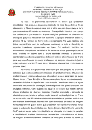 GOVERNO DO ESTADO DE SÃO PAULO
SECRETARIA DE ESTADO DA EDUCAÇÃO
DIRETORIA DE ENSINO - REGIÃO DE MIRANTE DO PARANAPANEMA
E.E. KOSUKE ENDO
RUA DO COMÉRCIO, s/nº TEL:3993-6131
E-mail: e032852a@see.sp.gov.br
No ciclo I os professores relacionaram os alunos que apresentam
dificuldades nas avaliações diagnostica realizada no inicio do ano letivo a fim de
elaborarem o Plano de Ação de cada ano e série para ser desenvolvido a curto
prazo sanando as dificuldades apresentadas . Em seguida foi discutido com o grupo
dos professores o que é reescrita e quais condições que devem ser oferecidas ao
aluno para que possa reescrever com autonomia .Logo após analisaram o texto “O
príncipe Rã ou Henrique de Ferro onde a coordenadora Ana Lucia realizou uma
leitura compartilhada com os professores analisando o texto e discutindo os
aspectos importantes apresentados no texto. Foi realizado também um
levantamento dos episódios da história a fim de que os alunos possam produzir um
texto coerente de acordo com a leitura realizada.Terminada a atividade a
coordenadora Ana Lucia apresentou a todos um texto do aluno Gustavo do 3º ano
para que os professores em grupo analisassem os aspectos discursivo-textuais e
notacionais preocupantes .Como o tempo foi curto a atividade terá continuidade na
próxima ATPC.
Já no ciclo II os professores analisaram que: Em geografia no 6º ano foi
detectado que os alunos estão com dificuldade em produzir um texto, dificuldade de
analisar imagem mesmo sabendo que eles sabem o que é para fazer; os alunos
Mateus Longo , Yago, Edvaldo e Giovana necessitam de um acompanhamento ;
necessitam trabalhar a caligrafia bem como a escrita , ressaltaram ainda que alguns
alunos tem dificuldades de localização, formas espaciais e as quatro operações com
situações problemas. Como sugestão da equipe é necessário que trabalhe com os
alunos produções de diversas tipologias, trabalhar enunciado , comanda da
atividade proposta, tabelas e gráficos, noção espacial, noções algébricas. No 7° ano
os alunos estão com dificuldade em interpretar enunciados de questões e dificuldade
em entender determinadas palavras bem como dificuldade em leitura de imagem.
Foi relatado também que os alunos que apresentam indisciplina atrapalhando muitas
vezes o andamento das atividades são: Daniel, Lincoln, Gabriel Coelho Leonardo.
Na 7ª serie os alunos estão com dificuldade em interpretar enunciados de questões
e dificuldade em entender determinadas palavras bem como dificuldade em leitura
de imagem; apresentam também problemas de indisciplina e limites; há alunos da
 
