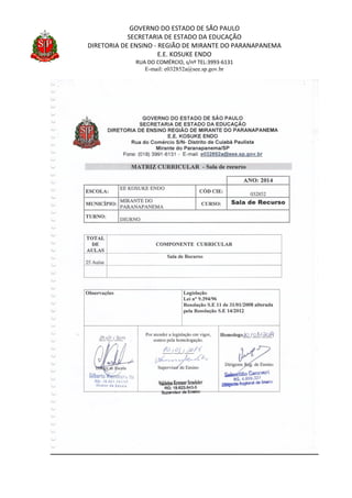 GOVERNO DO ESTADO DE SÃO PAULO
SECRETARIA DE ESTADO DA EDUCAÇÃO
DIRETORIA DE ENSINO - REGIÃO DE MIRANTE DO PARANAPANEMA
E.E. KOSUKE ENDO
RUA DO COMÉRCIO, s/nº TEL:3993-6131
E-mail: e032852a@see.sp.gov.br
 