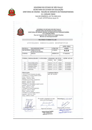 GOVERNO DO ESTADO DE SÃO PAULO
SECRETARIA DE ESTADO DA EDUCAÇÃO
DIRETORIA DE ENSINO - REGIÃO DE MIRANTE DO PARANAPANEMA
E.E. KOSUKE ENDO
RUA DO COMÉRCIO, s/nº TEL:3993-6131
E-mail: e032852a@see.sp.gov.br
 