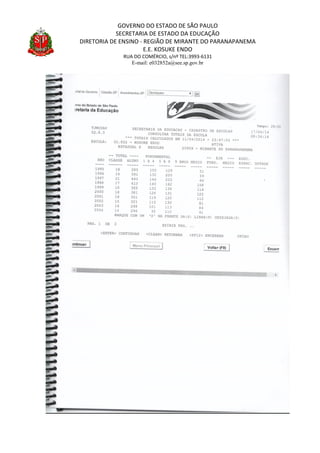 GOVERNO DO ESTADO DE SÃO PAULO
SECRETARIA DE ESTADO DA EDUCAÇÃO
DIRETORIA DE ENSINO - REGIÃO DE MIRANTE DO PARANAPANEMA
E.E. KOSUKE ENDO
RUA DO COMÉRCIO, s/nº TEL:3993-6131
E-mail: e032852a@see.sp.gov.br
 