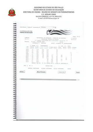 GOVERNO DO ESTADO DE SÃO PAULO
SECRETARIA DE ESTADO DA EDUCAÇÃO
DIRETORIA DE ENSINO - REGIÃO DE MIRANTE DO PARANAPANEMA
E.E. KOSUKE ENDO
RUA DO COMÉRCIO, s/nº TEL:3993-6131
E-mail: e032852a@see.sp.gov.br
 