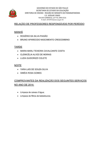 GOVERNO DO ESTADO DE SÃO PAULO
SECRETARIA DE ESTADO DA EDUCAÇÃO
DIRETORIA DE ENSINO - REGIÃO DE MIRANTE DO PARANAPANEMA
E.E. KOSUKE ENDO
RUA DO COMÉRCIO, s/nº TEL:3993-6131
E-mail: e032852a@see.sp.gov.br
RELAÇÃO DE PROFESSORES RESPONSÁVEIS POR PERÍODO
MANHÃ
 ROGÉRIO DA SILVA PAIXÃO
 BRUNO APARECIDO NASCIMENTO CRESCEMBINO
TARDE
 MARIA MARLI TEIXEIRA CAVALCANTE COSTA
 CLEMICÉLIA ALVES DE MORAIS
 LUZIA GUIDORIZZI COLETE
NOITE
 YARA LAÍS DE SOUZA SILVA
 SIMÉIA ROSA GOMES
COMPROVANTES DA REALIZAÇÃO DOS SEGUINTES SERVIÇOS
NO ANO DE 2014:
 Limpeza de caixas d´àgua;
 Limpeza de filtros de bebedouros;
 