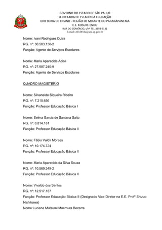 GOVERNO DO ESTADO DE SÃO PAULO
SECRETARIA DE ESTADO DA EDUCAÇÃO
DIRETORIA DE ENSINO - REGIÃO DE MIRANTE DO PARANAPANEMA
E.E. KOSUKE ENDO
RUA DO COMÉRCIO, s/nº TEL:3993-6131
E-mail: e032852a@see.sp.gov.br
Nome: Ivani Rodrigues Dutra
RG. nº: 30.583.156-2
Função: Agente de Serviços Escolares
Nome: Maria Aparecida Acioli
RG. nº: 27.987.240-9
Função: Agente de Serviços Escolares
QUADRO MAGISTÉRIO
Nome: Silvaneide Siqueira Ribeiro
RG. nº: 7.210.656
Função: Professor Educação Básica I
Nome: Selma Garcia de Santana Saito
RG. nº: 8.814.161
Função: Professor Educação Básica II
Nome: Fábio Valdir Moraes
RG. nº: 10.174.724
Função: Professor Educação Básica II
Nome: Maria Aparecida da Silva Souza
RG. nº: 10.569.349-2
Função: Professor Educação Básica II
Nome: Vivaldo dos Santos
RG. nº: 12.517.167
Função: Professor Educação Básica II (Designado Vice Diretor na E.E. Profº Shizuo
Nishikawa)
Nome:Luciene Mutsumi Maemura Bezerra
 