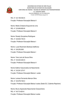 GOVERNO DO ESTADO DE SÃO PAULO
SECRETARIA DE ESTADO DA EDUCAÇÃO
DIRETORIA DE ENSINO - REGIÃO DE MIRANTE DO PARANAPANEMA
E.E. KOSUKE ENDO
RUA DO COMÉRCIO, s/nº TEL:3993-6131
E-mail: e032852a@see.sp.gov.br
RG. nº: 23.159.452-5
Função: Professor Educação Básica II
Nome: Marta Cristiane Esquivel de Lima
RG. nº: 23.649.805-8
Função: Professor Educação Básica II
Nome: Rosely Gonçalves Rodrigues
RG. nº: 25.634.730-X
Função: Professor Educação Básica I
Nome: Luzia Rosimeire Barbosa Idelfonso
RG. nº: 28.255.650
Função: Professor Educação Básica I
Nome: Yara Laís de Souza Silva
RG. nº: 34.023.202-X
Função: Professor Educação Básica II
Nome:Valéria Vasconcelos do Nascimento
RG. nº: 35.301.273-7
Função: Professor Educação Básica I- aulas
Nome: Larissa Fernanda Alencar Silva
RG. nº: 40.078.728-3
Função: Professor Educação Básica I-aulas (Sede E.E. Zulenka Rapchan)
Nome: Bruno Aparecido Nascimento Crescembine
RG. nº: 40.73.420-X
Função: Professor Educação Básica I-aulas
 
