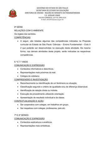 GOVERNO DO ESTADO DE SÃO PAULO
SECRETARIA DE ESTADO DA EDUCAÇÃO
DIRETORIA DE ENSINO - REGIÃO DE MIRANTE DO PARANAPANEMA
E.E. KOSUKE ENDO
RUA DO COMÉRCIO, s/nº TEL:3993-6131
E-mail: e032852a@see.sp.gov.br
8ª SÉRIE
RELAÇÕES COM O AMBIENTE
Os órgãos dos sentidos.
COMPETÊNCIAS
 A seguir, são listadas algumas das competências indicadas na Proposta
curricular do Estado de São Paulo: Ciências – Ensino Fundamental – Ciclo II
2 que poderão ser desenvolvidas na execução desta atividade. Da mesma
forma, nas demais atividades deste projeto, serão indicadas as respectivas
competências.
6.º E 7.º ANOS
COMUNICAÇÃO E EXPRESSÃO
 Conteúdos informativos e descritivos.
 Representações mais próximas do real.
 Códigos do cotidiano.
COMPREENSÃO E INVESTIGAÇÃO
 Reconhecimento ou identificação de um fenômeno ou situação.
 Classificação segundo o critério de igualdade e/ou de diferença observável.
 Identificação de relação direta ou indireta.
 Execução de procedimento utilizando orientação.
 Apresentação de resultado individual e da classe.
CONTEXTUALIZAÇÃO E AÇÃO
 Ser cooperativo com colegas, em trabalhos em grupo.
 Ser respeitoso com colegas, professores, pais etc.
7ª E 8ª SÉRIES
COMUNICAÇÃO E EXPRESSÃO
 Conteúdos explicativos e analíticos.
 Representações mais simbólicas.
 